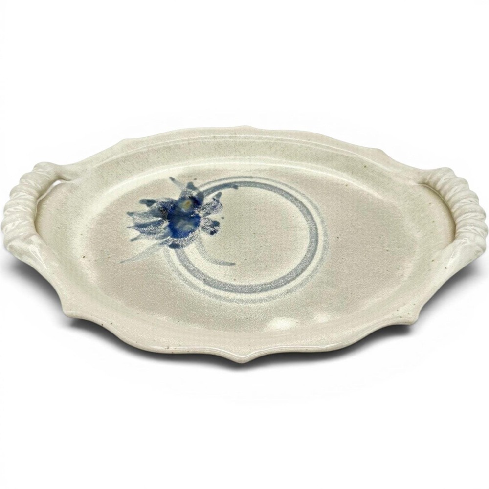 Vintage Blue Botanical Hand Painted Artisan Pottery Tray ~ 12.5" x 8.5"